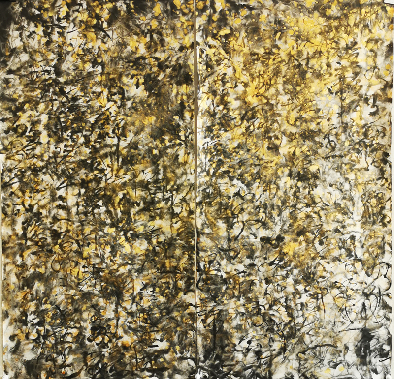 王璜生，日课·心经191022，2019，纸本水墨设色，138 x 69cm x 2.jpg