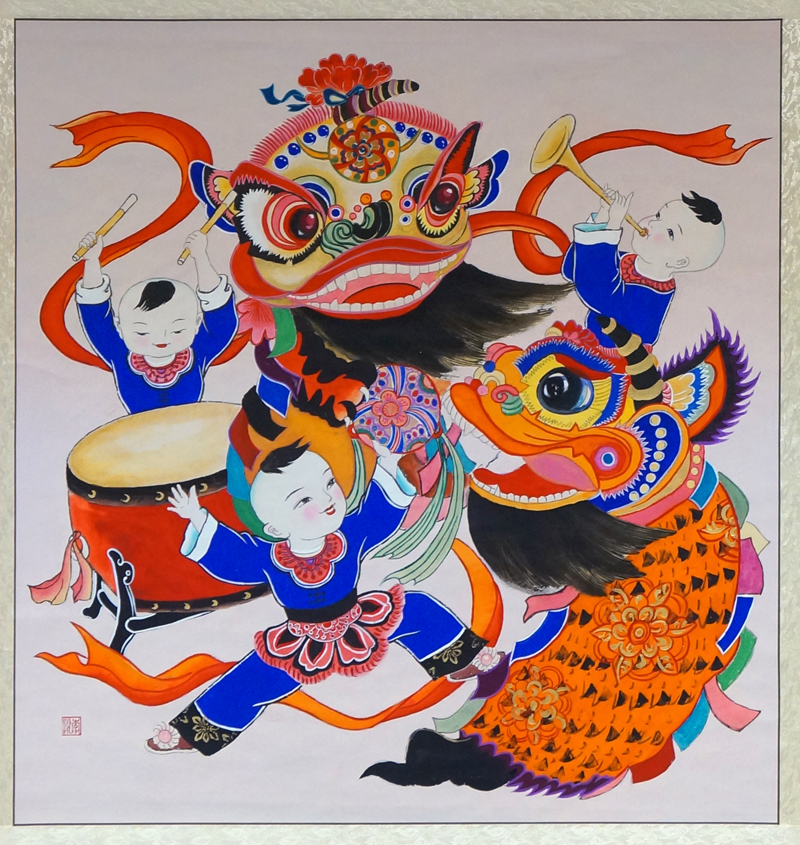 《舞狮》  李悦  89cm×85cm 2018  绵竹年画  绵竹年画博物馆提供-网站用图.jpg