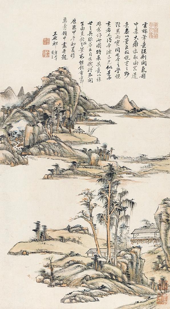 王原祁《疏林远岑》轴，纸本设色，73厘米×40.5厘米，1714年.jpg