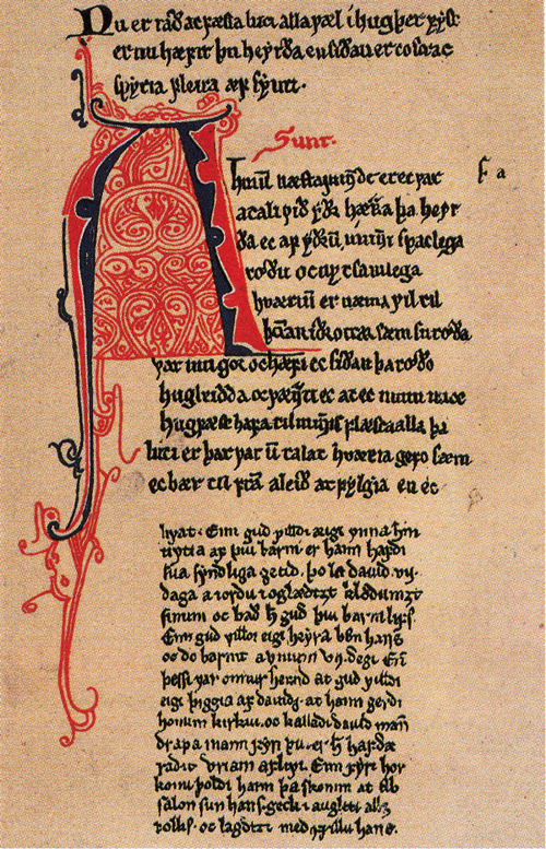 A page from a manuscript of Konungs skuggsjá, ca. 1250. Public Domain.jpg