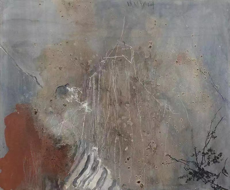 1.何赛邦.风景—仿马远 《踏歌图轴》.2002 布上综合材料 50x60cm.jpg